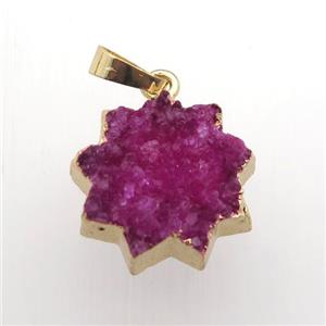 hotpink Druzy Quartz sunflower pendant, gold plated, approx 20mm dia