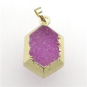 hotpink Druzy Quartz hexagon pendant, gold plated, approx 18-25mm