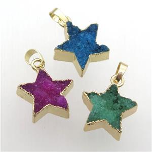 Druzy Quartz star pendant, gold plated, mixed color, approx 20mm dia