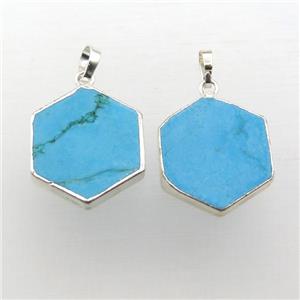 blue turquoise hexagon pendant, silver plated, approx 20mm