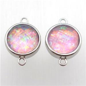 pink Fire Opal circle connector, synthetic, platinum plated, approx 11mm dia