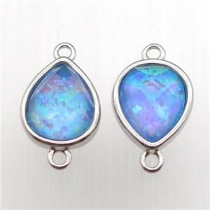 blue Fire Opal teardrop connector, synthetic, platinum plated, approx 9-11mm