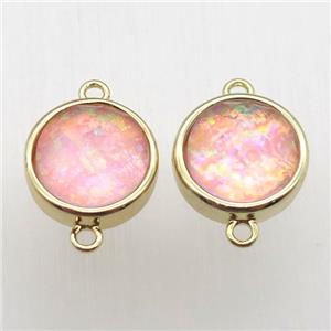 pink Fire Opal circle connector, synthetic, gold plated, approx 11mm dia