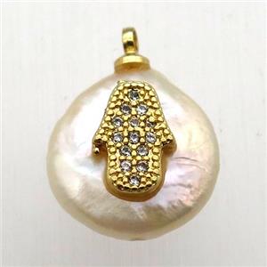 Natural pearl pendant with zircon, hamsahand, approx 10-18mm