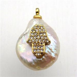 Natural pearl pendant with zircon, hamsahand, approx 10-18mm