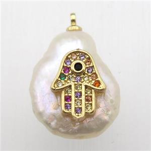 Natural pearl pendant with zircon, hamsahand, approx 10-18mm