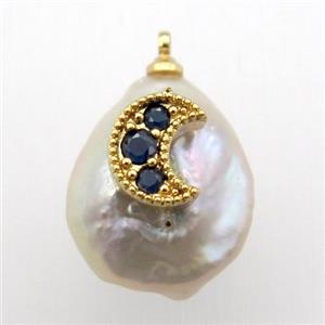 Natural pearl pendant with zircon, moon, approx 10-18mm