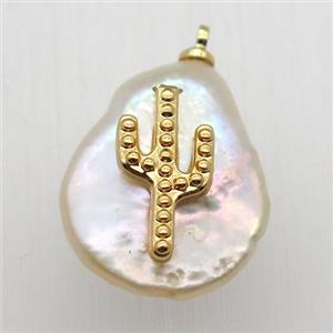 Natural pearl pendant with zircon, cacutus, approx 10-16mm