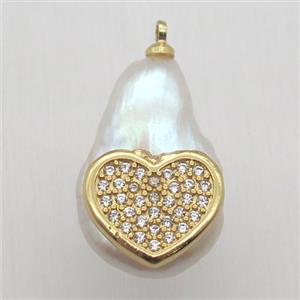 Natural pearl pendant with zircon, heart, approx 10-16mm