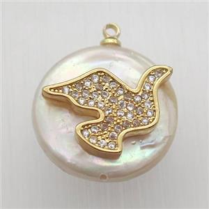 Natural pearl pendant with zircon, bird, approx 18mm dia