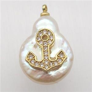 Natural pearl pendant with zircon, anchor, approx 10-16mm