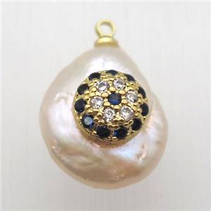 Natural pearl pendant with zircon, approx 10-16mm