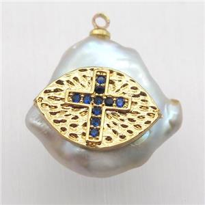 Natural pearl pendant with zircon, cross, approx 10-16mm