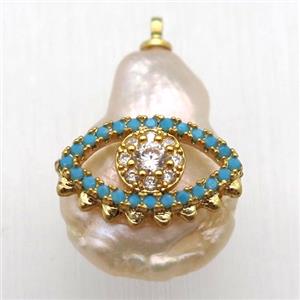 Natural pearl pendant with zircon, eye, approx 10-16mm