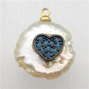 Natural pearl pendant with zircon, heart, approx 10-16mm