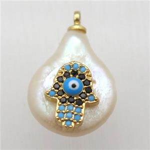 Natural pearl pendant with zircon, hamsahand, approx 10-16mm