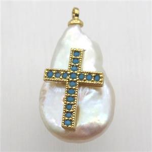 Natural pearl pendant with zircon, cross, approx 10-16mm