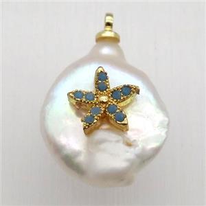Natural pearl pendant with zircon, flower, approx 10-16mm
