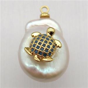 Natural pearl pendant with zircon, tortoise, approx 10-16mm
