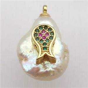 Natural pearl pendant with zircon, dolphin, approx 10-16mm