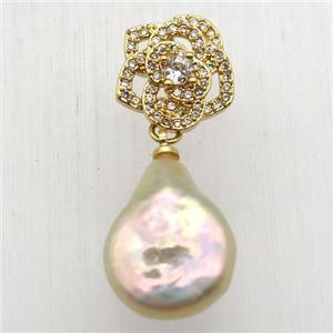 Natural pearl pendant with zircon, approx 10-16mm