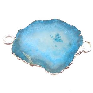 blue Solar Quartz Druzy slab connector, freeform, silver plated, approx 20-25mm