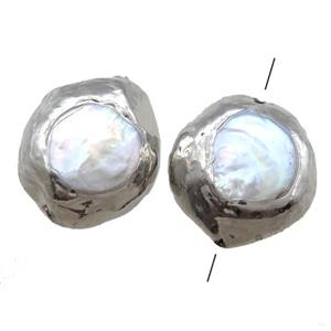 natural pearl beads, button, silver plated, approx 25mm