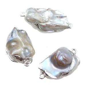 natural pearl connector, freeform, silver plated, approx 20-35mm