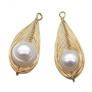 copper pendant with pearl, gold plated, wire wrapped, approx 13-30mm