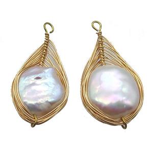 copper pendant with pearl, gold plated, wire wrapped, approx 16-30mm