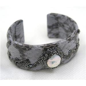 white pearl cuff bangle pave rhinestone, gray snakeskin, alloy, approx 30mm, 60mm dia