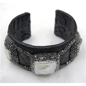 white pearl pave rhinestone, black snakeskin alloy cuff bangle, approx 40mm, 65mm dia