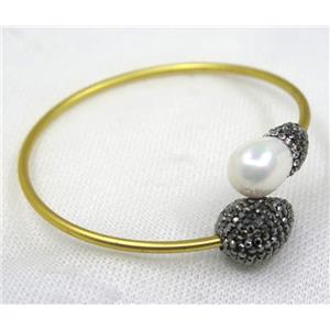 white pearl shell pave rhinestone, gold copper cuff bangle, approx 65mm dia