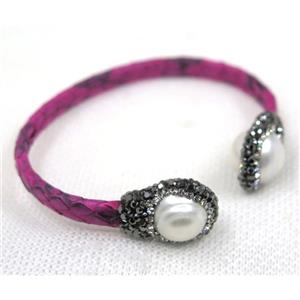 white pearl pave rhinestone, hotpink snakeskin copper cuff bangle, approx 60mm dia