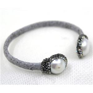 white pearl pave rhinestone, gray snakeskin copper cuff bangle, approx 60mm dia