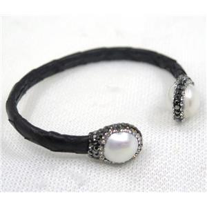 white pearl pave rhinestone, black snakeskin copper cuff bangle, approx 60mm dia