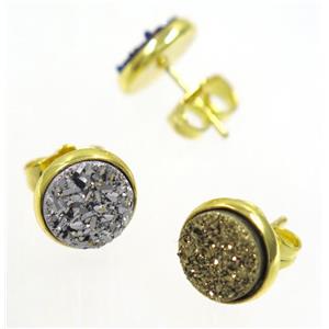 druzy agate earring studs, mix color, gold plated, approx 8mm dia