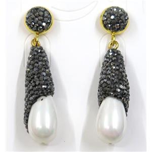 white pearl shell earring pave rhinestone, approx 10x30mm