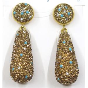 resin earring pave white yellow rhinestone, teardrop, approx 15x33mm