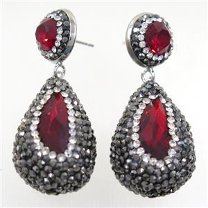 ruby Chinese Crystal Glass Earring pave rhinestone, approx 20-30mm, 14mm dia