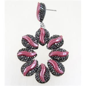 hotpink white resin earring pave rhinestone, approx 40-45mm