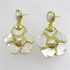pearlized shell flower earring, 24k gold plated, approx 10mm, 35mm