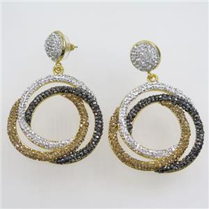 copper earring paved rhinestone, multi-color, approx 40mm dia