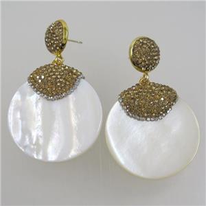 white Shell Earring pave yellow rhinestone, approx 35mm dia