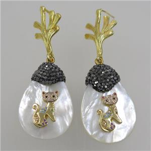 white Shell Earring pave rhinestone cat, approx 25-35mm