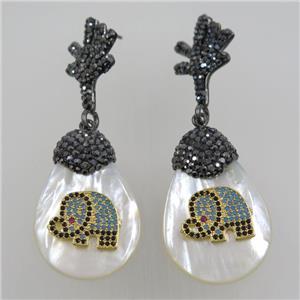 white Shell Earring pave rhinestone elephant, approx 325-35mm