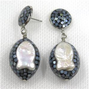 white Pearl Earrings paved abalone shell, fish, approx 13mm, 18-25mm