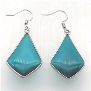 teal cat eye glass teardrop Hook Earring, platinum plated, approx 20-32mm