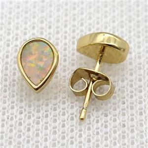 synthetic Fire Opal teardrop Stud Earrings, gold plated, approx 6-9mm