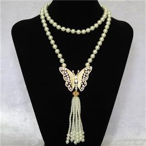 white Pearlized Glass Necklace with copper butterfly pendant pave zircon, round, approx 8mm, 45-55mm, 74cm length